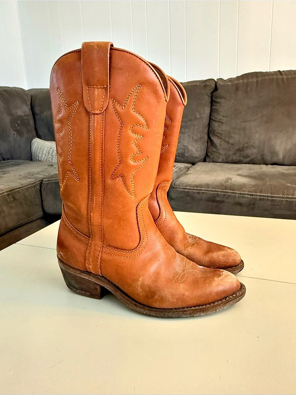 Star⭐Vintage Tan Cognac Leather Western Cowboy Boots Boho Rustic Timeless Retro